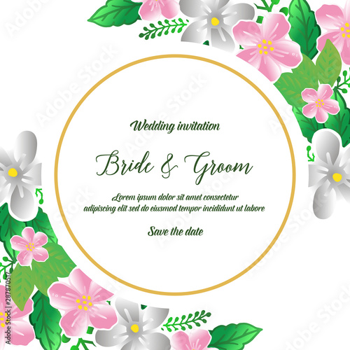 Wedding invitation card template bride and groom, with ornate pattern of colorful flower frame. Vector