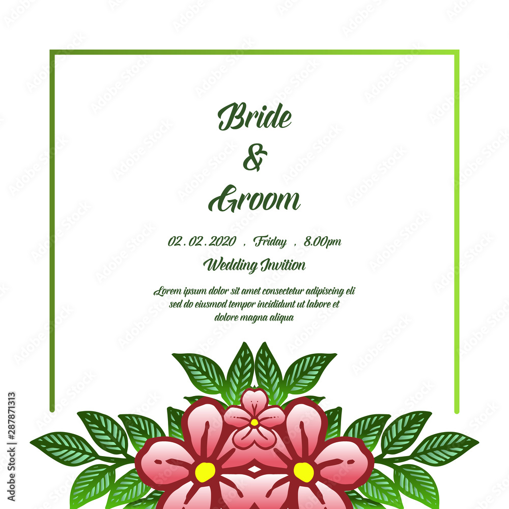 Decorative card bride and groom element on white background, with bright cute green leaf flower frame. Vector Decorative card bride and groom element on white background, with bright cute green leaf flower frame. Vector