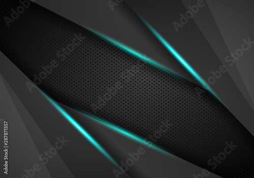 vector futuristic dark iron techno texture. Blue abstract electron energy line on brushed black metal background. Power vein light tech pattern