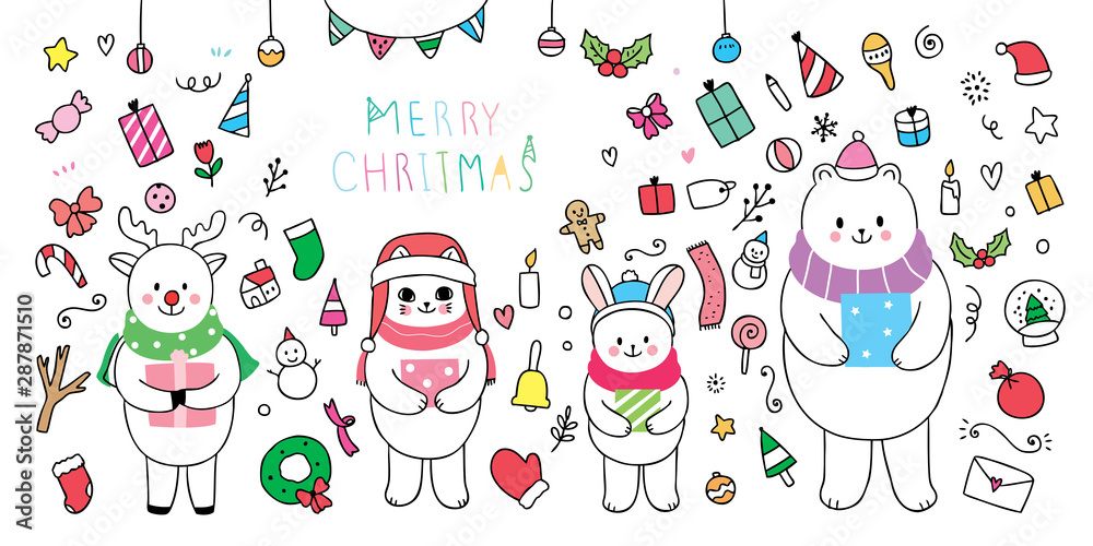 Cartoon cute Christmas, animals and element Christmas vector.