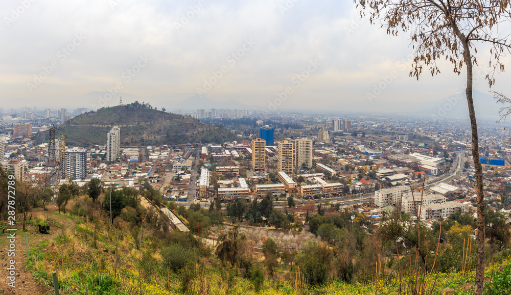 Panoramic view of Santiago's pollution from San Cristobal Hill in Chile.
