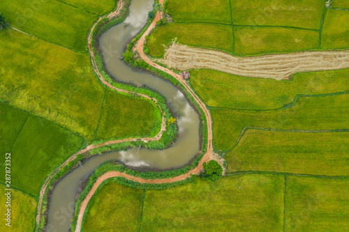 aerial view of devious river in a fields