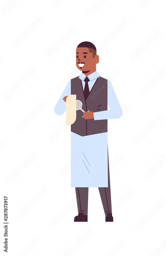 professional waiter polishing wine glass with towel african american man restaurant worker in uniform flat full length white background vertical professional waiter polishing wine glass with towel african american man restaurant worker in uniform flat full length white background vertical