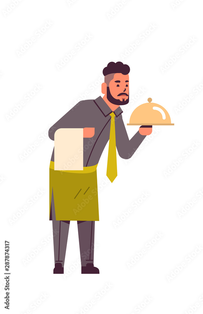 professional waiter holding dish man restaurant worker in uniform with tray and towel food serving concept flat full length white background vertical