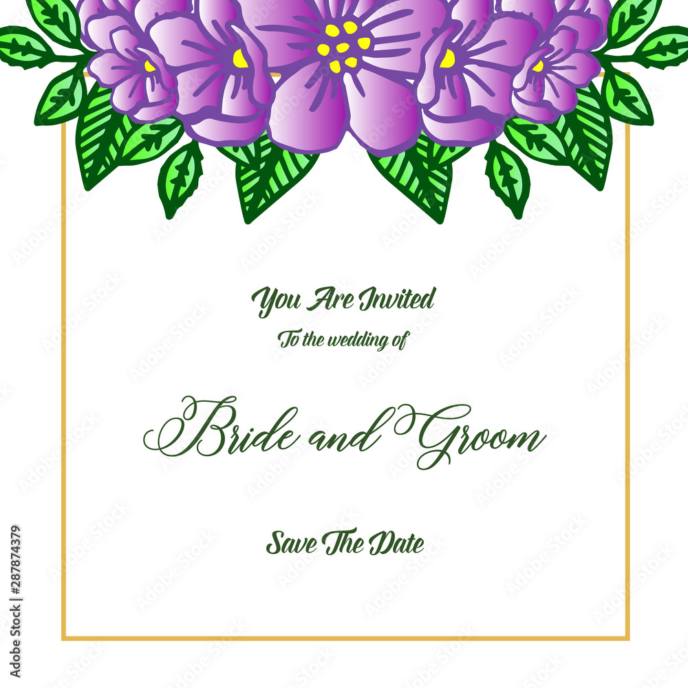 Cute bride and groom for wedding invitation card romantic, with wallpaper bright purple flower frame. Vector