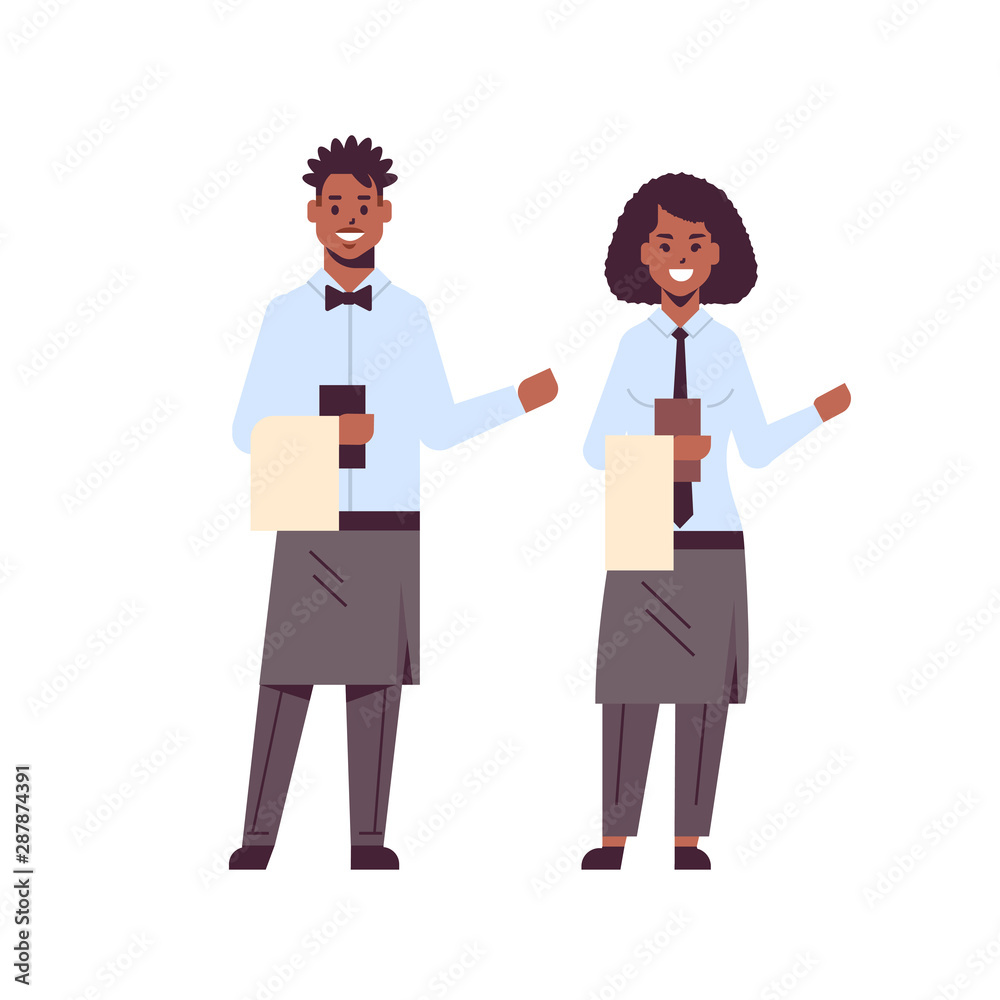 professional waiters couple holding menu african american man woman restaurant workers in uniform showing hospitality standing together flat full length white background