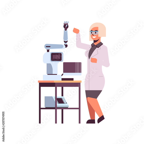 female scientist near industrial robotic arm woman in uniform with robot manipulator smart medical machine automatic technology concept full length flat