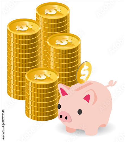pink piggy bank with gold coins clip art preview
