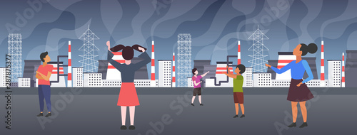 children looking at plant pipe dirty waste toxic air pollution industry smog polluted environment concept mix race boys girls walking outdoor industrial landscape horizontal full length