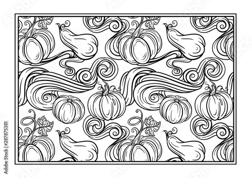 Black and white autumn ornament. Pumpkins and autumn leaves coloring page