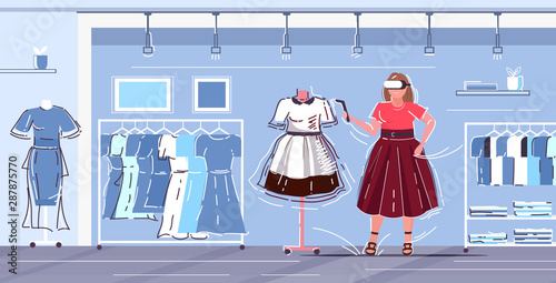 woman using 3d glasses and controller girl experiencing virtual reality headset choosing dress digital technology concept modern female clothes shopping mall interior full length horizontal