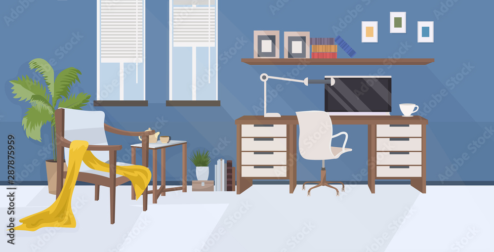 stylish workplace with computer at home modern living room interior empty no people house room with furniture flat horizontal stylish workplace with computer at home modern living room interior empty no people house room with furniture flat horizontal