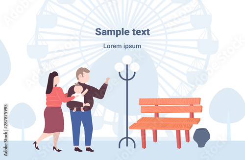 fat obese family standing together parents and child having fun walking outdoor ferris wheel background flat full length horizontal copy space