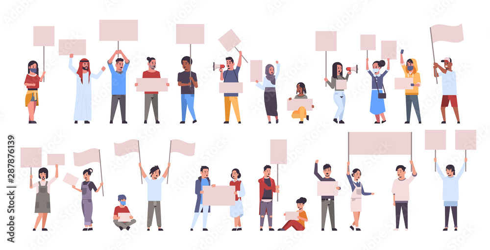 set different people protesters holding blank placards mix race men women activists with empty sign banners protest demonstration strike concept flat full length horizontal