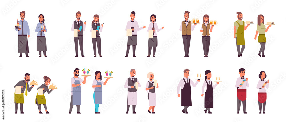 set professional waiters pairs in different poses men women restaurant workers in uniform serving concept flat full length white background horizontal