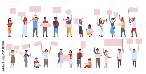 set different people protesters holding blank placards mix race men women activists with empty sign banners protest demonstration strike concept flat full length horizontal