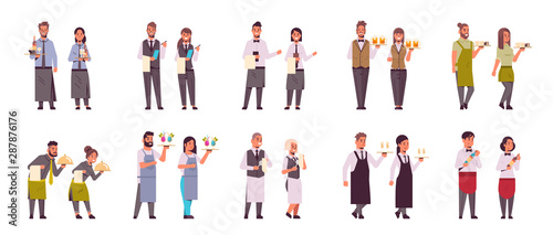 set professional waiters pairs in different poses men women restaurant workers in uniform serving concept flat full length white background horizontal photo