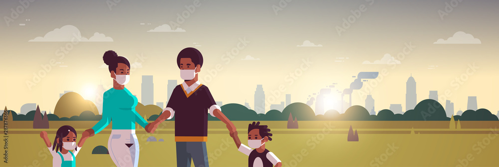 Φωτογραφία parents and children wearing face masks toxic gas air pollution industry smog po