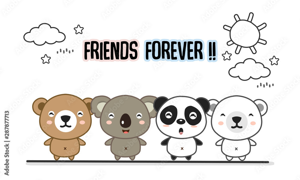 Friends forever greeting card with little animals. Cute bears cartoon vector illustration. Friends forever greeting card with little animals. Cute bears cartoon vector illustration.