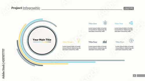 Doughnut chart slide template with five options. Business data. Diagram, comparison, design. Creative concept for infographic, presentation, report. For topics like progress, marketing, analysis