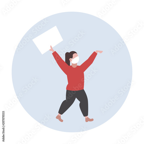 woman protester in face mask holding blank placard protesting against air nature pollution female activist with empty sign banner protest demonstration polluted environment concept flat full length