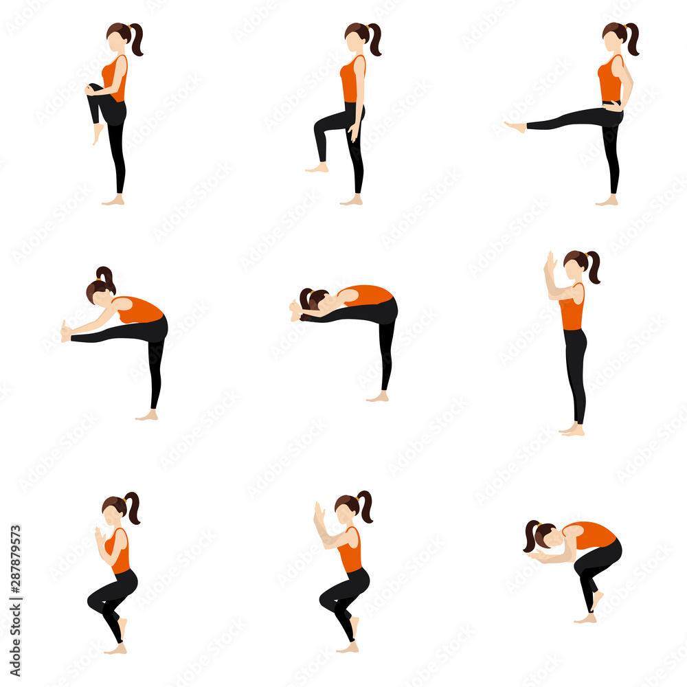 Eagle sequence and balancing yoga asanas set/ Illustration stylized woman  practicing standing balance poses Stock Vector | Adobe Stock