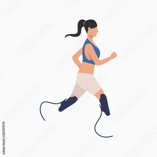 Disabled woman running. Prosthesis, disability, handicapped. Disabled people concept. Vector illustration for website, landing page, online store