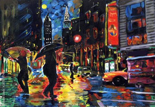 Acrylic drawing of the night city. People rush home, it rains outside.