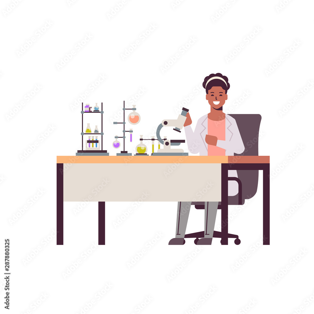 female scientist working with microscope african american woman in uniform sitting at table making scientific experiments chemistry laboratory with test tubes research science concept full length female scientist working with microscope african american woman in uniform sitting at table making scientific experiments chemistry laboratory with test tubes research science concept full length