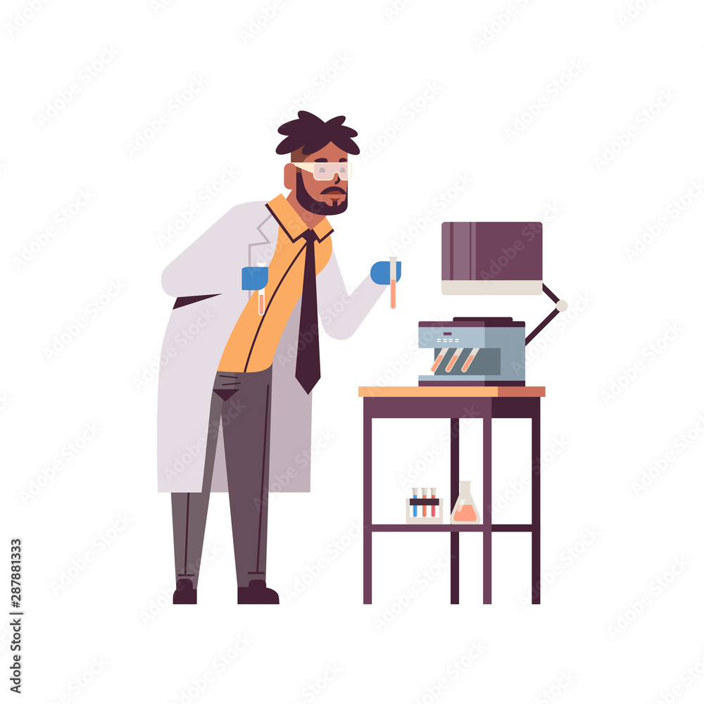 male scientist holding test tubes with blood samples african american man in uniform using analyzer medical machine laboratory research science chemical concept full length flat