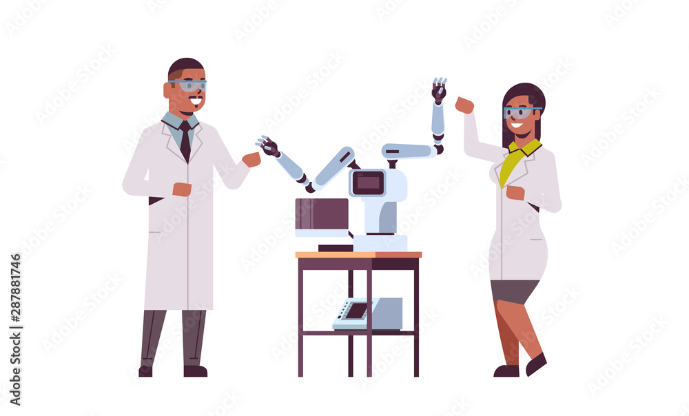 scientists couple near industrial robotic arms african american man woman in uniform with robot manipulators smart medical machine automatic technology concept full length flat horizontal