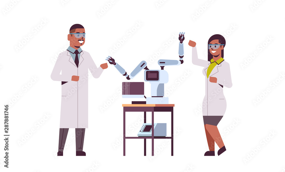 scientists couple near industrial robotic arms african american man woman in uniform with robot manipulators smart medical machine automatic technology concept full length flat horizontal scientists couple near industrial robotic arms african american man woman in uniform with robot manipulators smart medical machine automatic technology concept full length flat horizontal