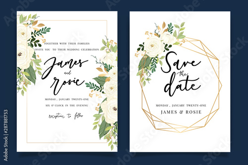 Luxury Wedding Invitation set,  invite thank you, rsvp modern card Design in Golden and white rose with leaf greenery branches  decorative Vector elegant rustic template