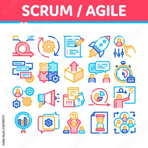 Scrum Agile Collection Elements Vector Icons Set Thin Line. Agile Rocket And Document File, Gear And Package, Loud-speaker And Stop Watch Concept Linear Pictograms. Color Contour Illustrations