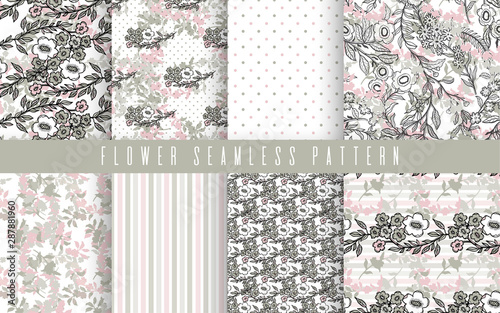 Abstract nature flower small seamless pattern set.Ethnic ornament, floral print, textile fabric, botanical . © ArinaKram