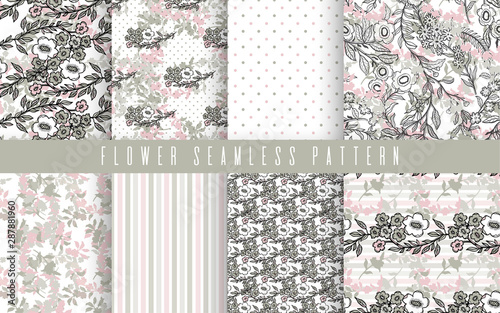 Abstract nature flower small seamless pattern set.Ethnic ornament, floral print, textile fabric, botanical .