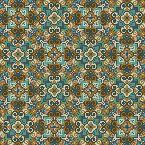 Azulejos ceramic tile design. Talavera tracery motif. Unique creative endless fill swatch. Portuguese  Spanish  Mexican  Brazilian folklore ornament. Ethnic style vector hand drawn seamless pattern.