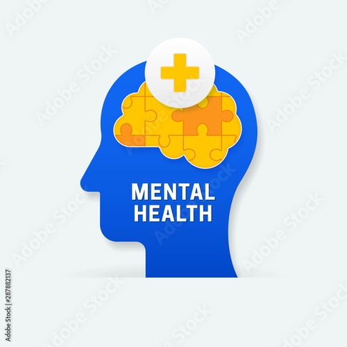 World mental health poster background design. Human head with missing jigsaw piece brain puzzle and medical symbol vector illustration for physiological healthcare concept