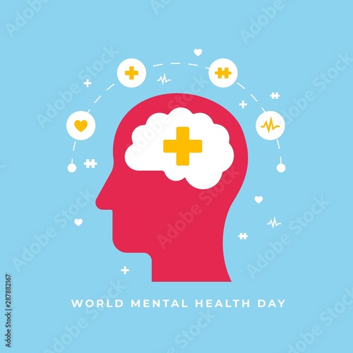 World mental health day poster background design. Human head with brain and psychology medical symbol vector illustration.