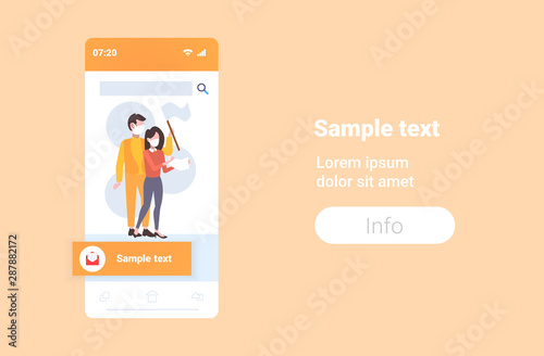 protesters in face masks holding blank flag and placard activists man woman protesting against air nature pollution demonstration concept smartphone screen copy space horizontal flat full length