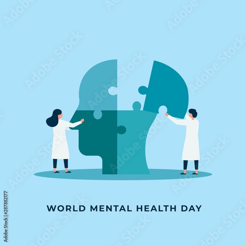 Mental health treatment vector illustration. Psychology specialist doctor work together to fix connecting human head jigsaw piece puzzle for world mental health day poster background concept.
