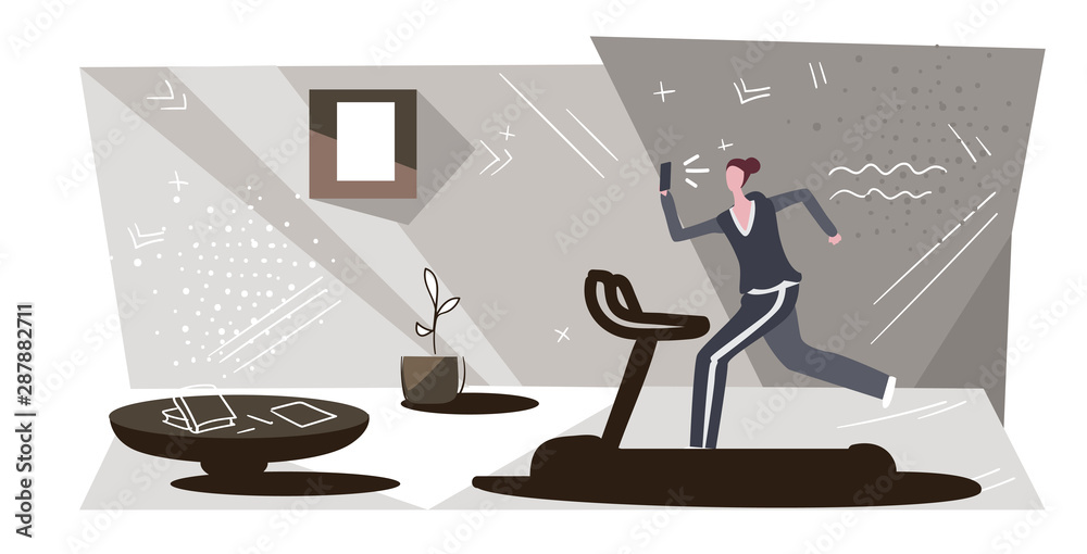 Fototapeta premium sportswoman running on treadmill girl using phone taking selfie on smartphone camera social media network healthy lifestyle concept modern office interior sketch horizontal full length