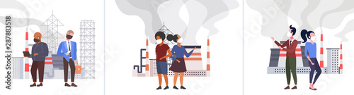 set different people in protective face masks toxic air pollution industry smog polluted environment concept mix race men women standing outdoor industrial landscape full length horizontal