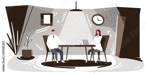 businesspeople sitting at workplace man dictating information to woman assistant typing text on laptop keyboard work dictation concept modern office interior sketch horizontal full length