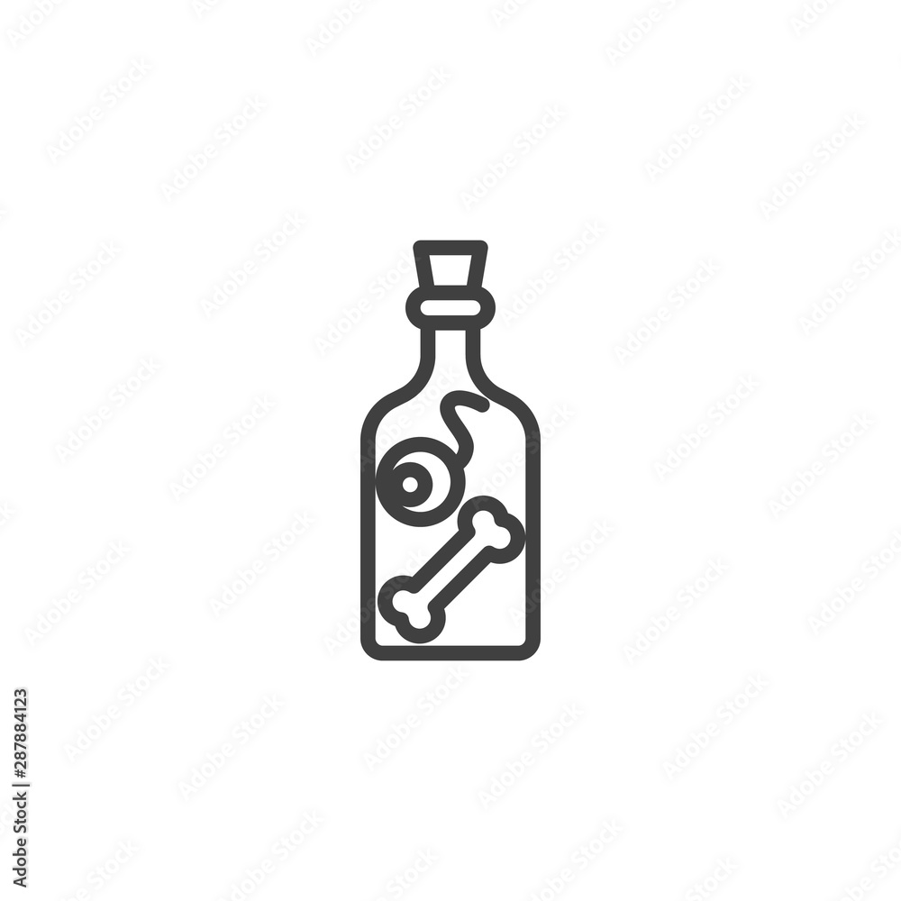 Potion preparation bottle line icon. linear style sign for mobile concept and web design. Witch bottle with eyeball and human bone outline vector icon. Symbol, logo illustration. Vector graphics