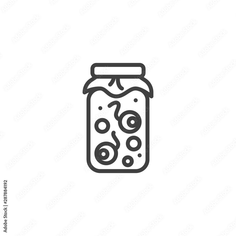 Halloween eyeballs jar line icon. linear style sign for mobile concept and web design. Human eyeballs in glass jar outline vector icon. Symbol, logo illustration. Vector graphics Halloween eyeballs jar line icon. linear style sign for mobile concept and web design. Human eyeballs in glass jar outline vector icon. Symbol, logo illustration. Vector graphics
