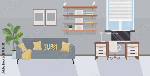 stylish workplace with computer at home empty no people house with furniture modern living room interior flat horizontal