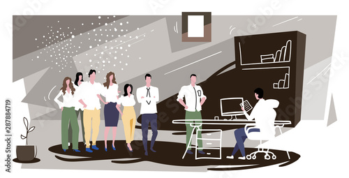 businesspeople group standing in line queue to hr manager holding cv resume interviewing candidate curriculum vitae recruitment job position concept office interior sketch horizontal full length