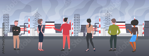 people looking at plant pipe dirty waste toxic gas air pollution industry smog polluted environment concept men women walking outdoor industrial landscape horizontal full length rear view