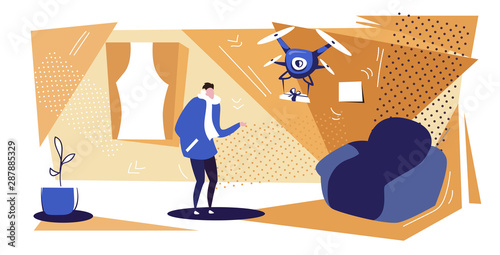 man getting parcel gift box from quadcopter express air mail drone delivery concept modern office or living room interior sketch horizontal full length